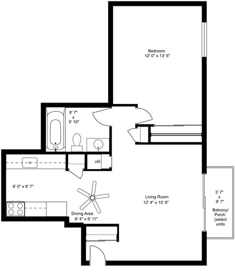 Floor plan for 1 bed, 1 bath, 648 sqft
